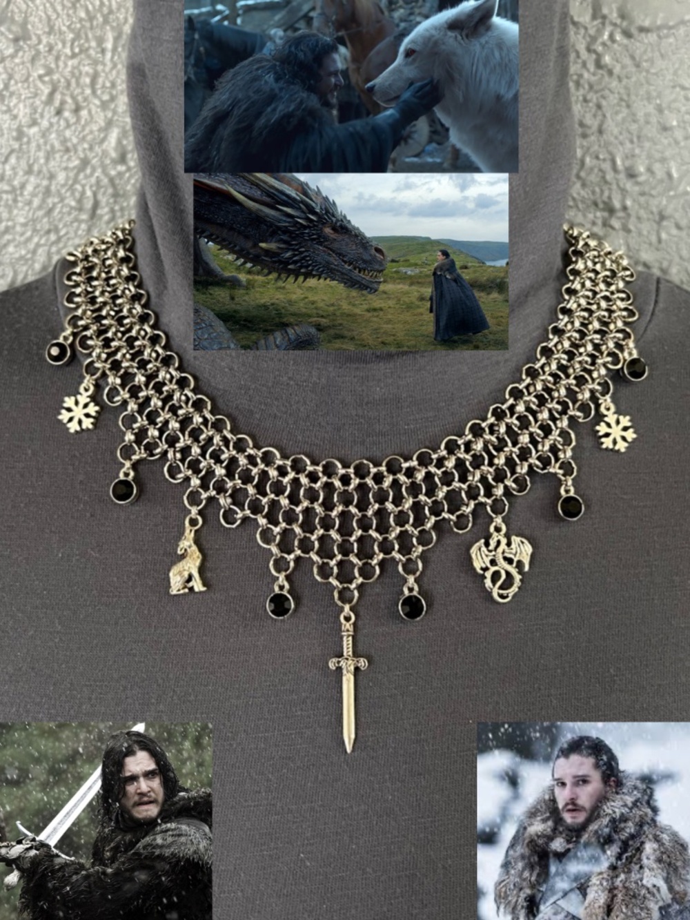 Jon Snow Game of Thrones Handmade Chainmail Character Necklace Direwolf Dragon